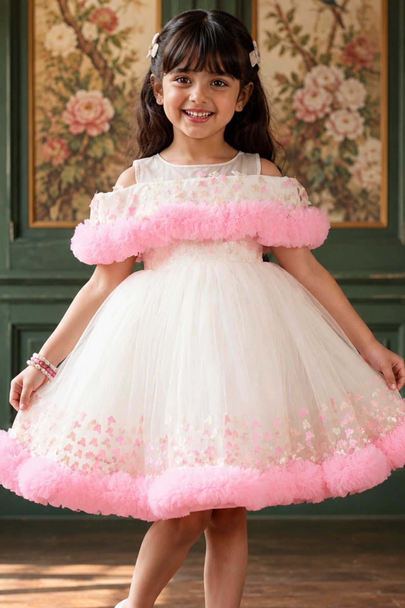 Ivory Party Wear Frock With Pink Butterfly Embroidery For Girls