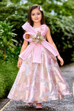 Girls Pink Metallic Geometric Floral Applique Party Wear Gown