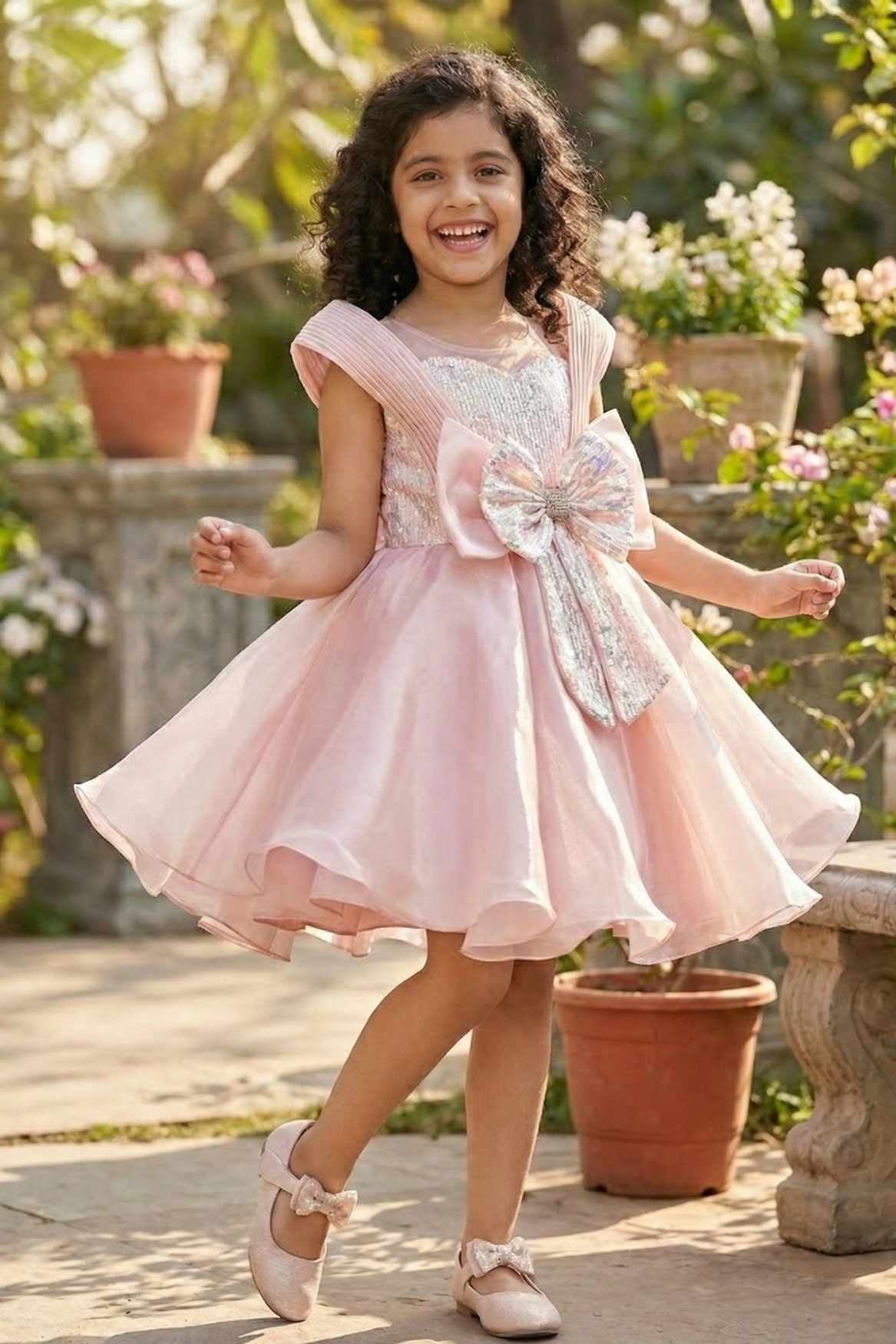 Peach Embellished Party Wear Frock with Structured Shoulder Straps For Girls