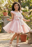 Peach Embellished Party Wear Frock with Structured Shoulder Straps For Girls