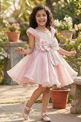 Peach Embellished Party Wear Frock with Structured Shoulder Straps For Girls