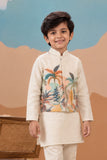 Ivory Kurta Pyjama Set with Tropical Printed Nehru Jacket For Boys