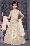 Cream Floral Embroidered Lehenga Choli Set With Dupatta For Girls
