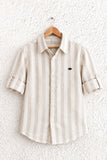 Boys Beige & White Striped Full Sleeve Casual Shirt