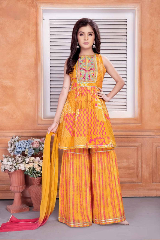 Yellow Embroidered And Mirror Work Top With Sharara Bottom Set For Girls