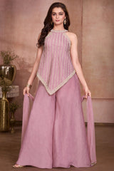 Girls Dusty Pink Vertical Chain-Like Pattern Zari Embroidered Palazzo Set