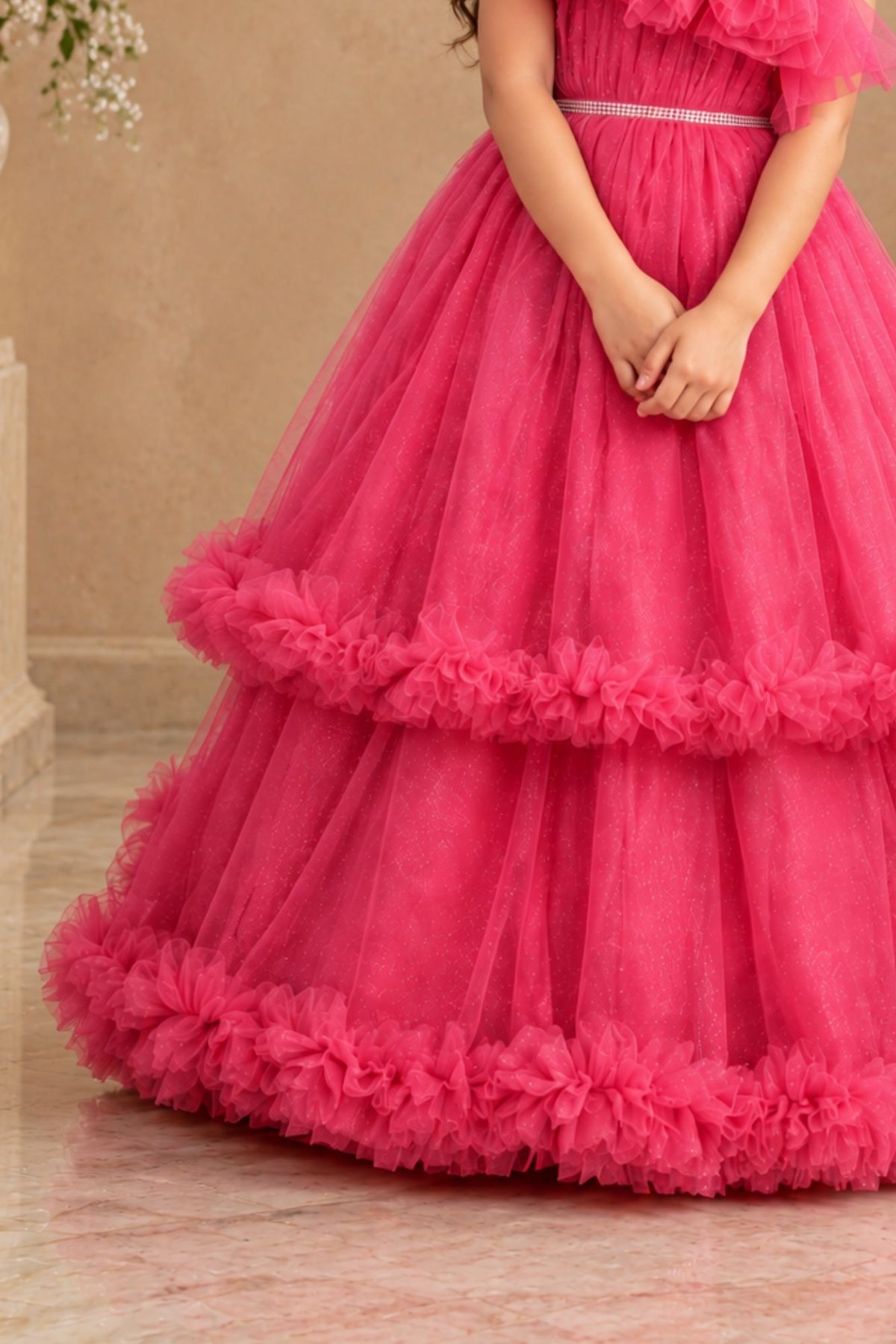 Rani Pink One-Shoulder Net Party Gown with Layered Ruffle Hem For Girls