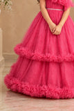 Rani Pink One-Shoulder Net Party Gown with Layered Ruffle Hem For Girls