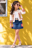 Denim Skirt Set with Embroidered Cream Jacket For Girls