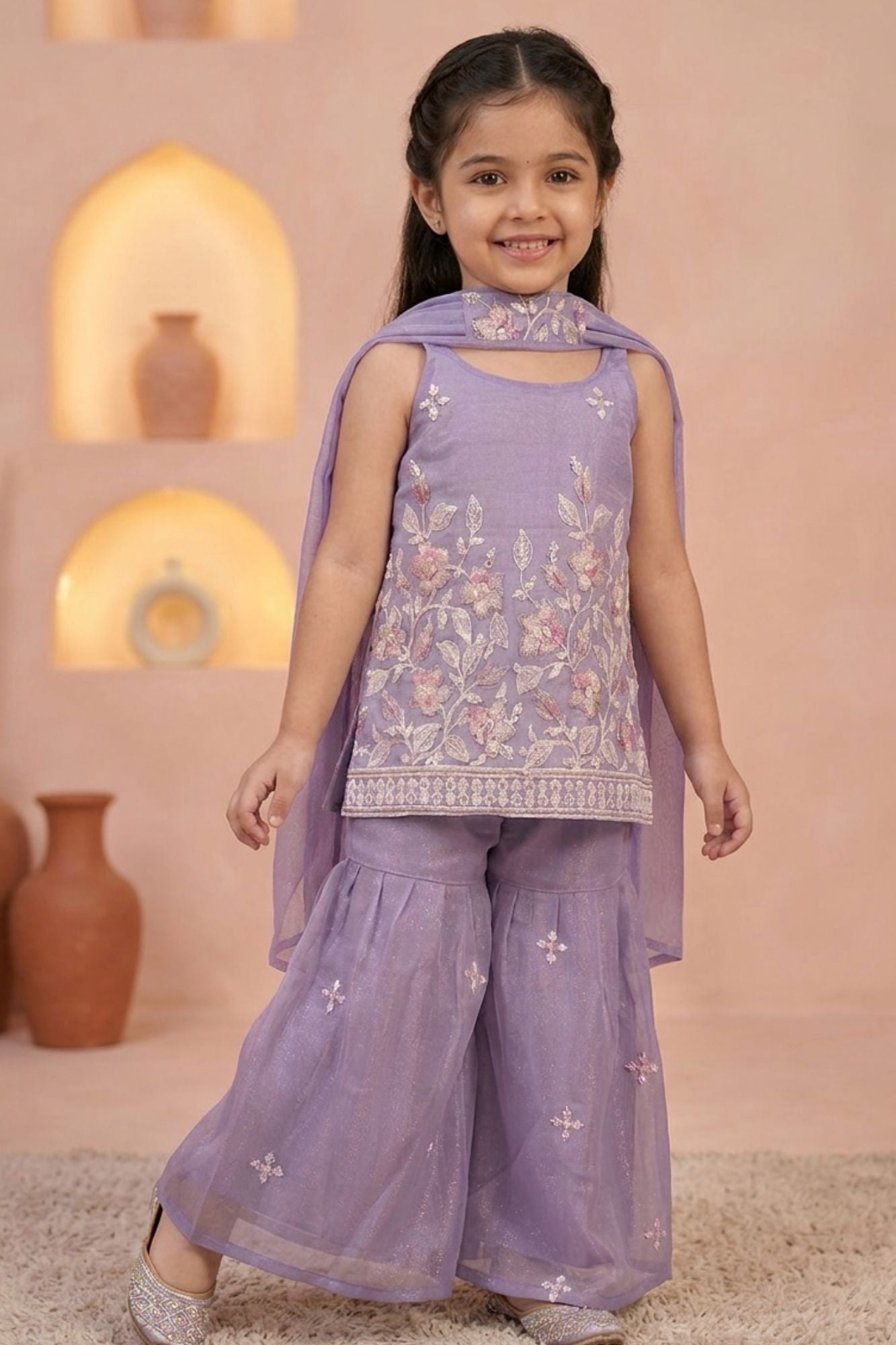 Girls Lavender Floral Embroidered Sharara Set with Dupatta