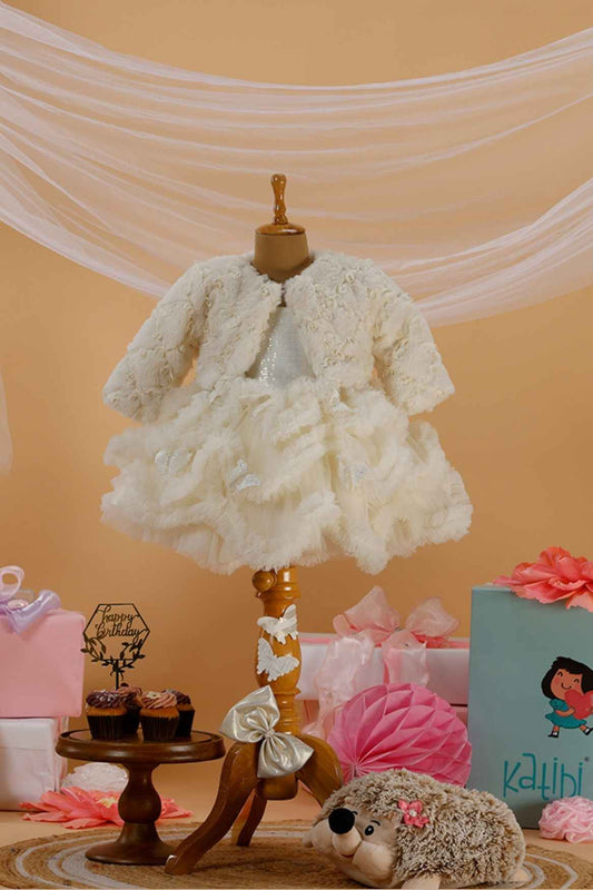 Cream Ruffled And Sequin Frock With Overcoat For Girls