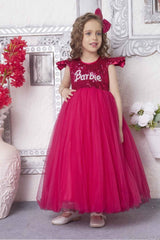 Barbie Sequined Pink Net Gown With Ruffled Sleeves For Girls