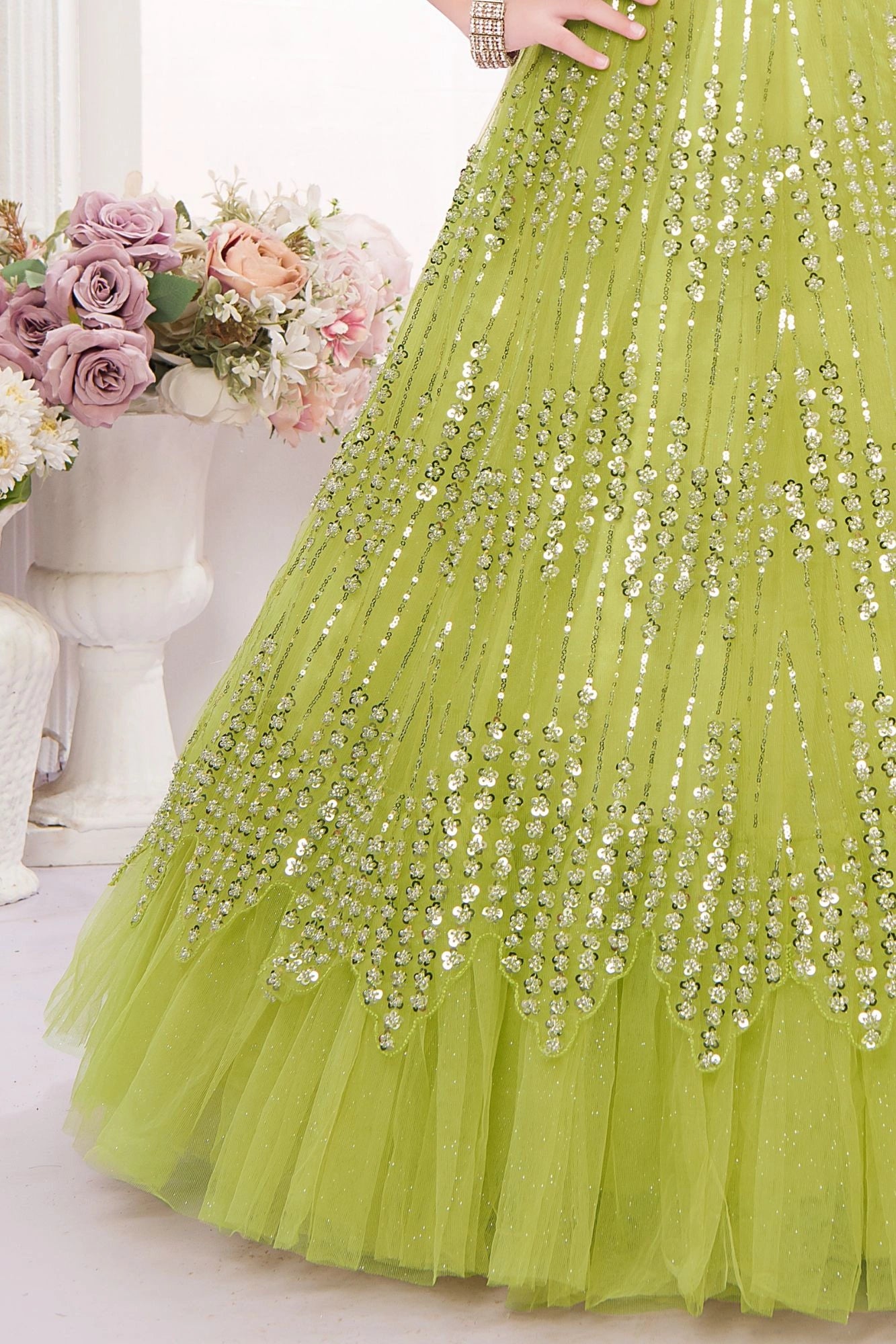 Lime Green Embellished Sequin Sparkle Ball Gown For Girls