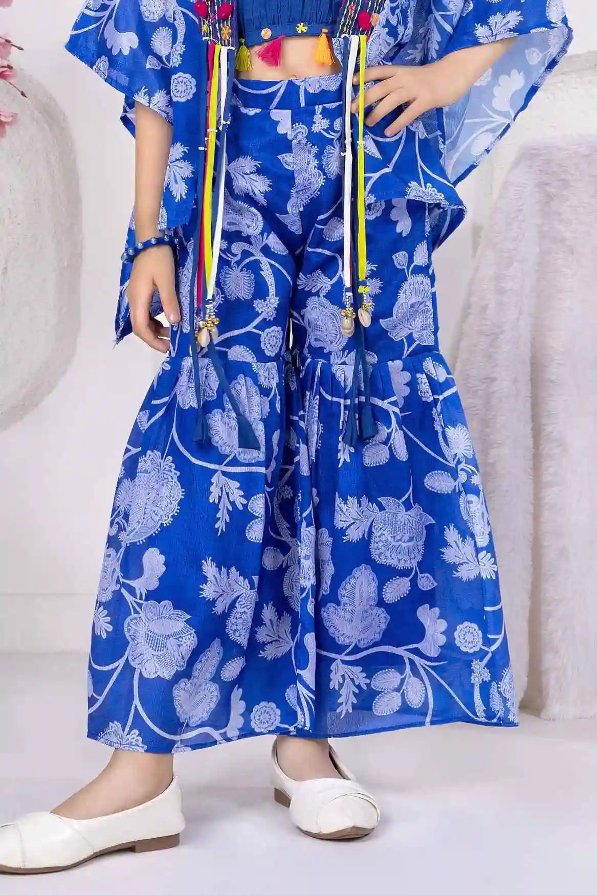 Blue Printed Co-Ord Set With Embellished Overcoat For Girls