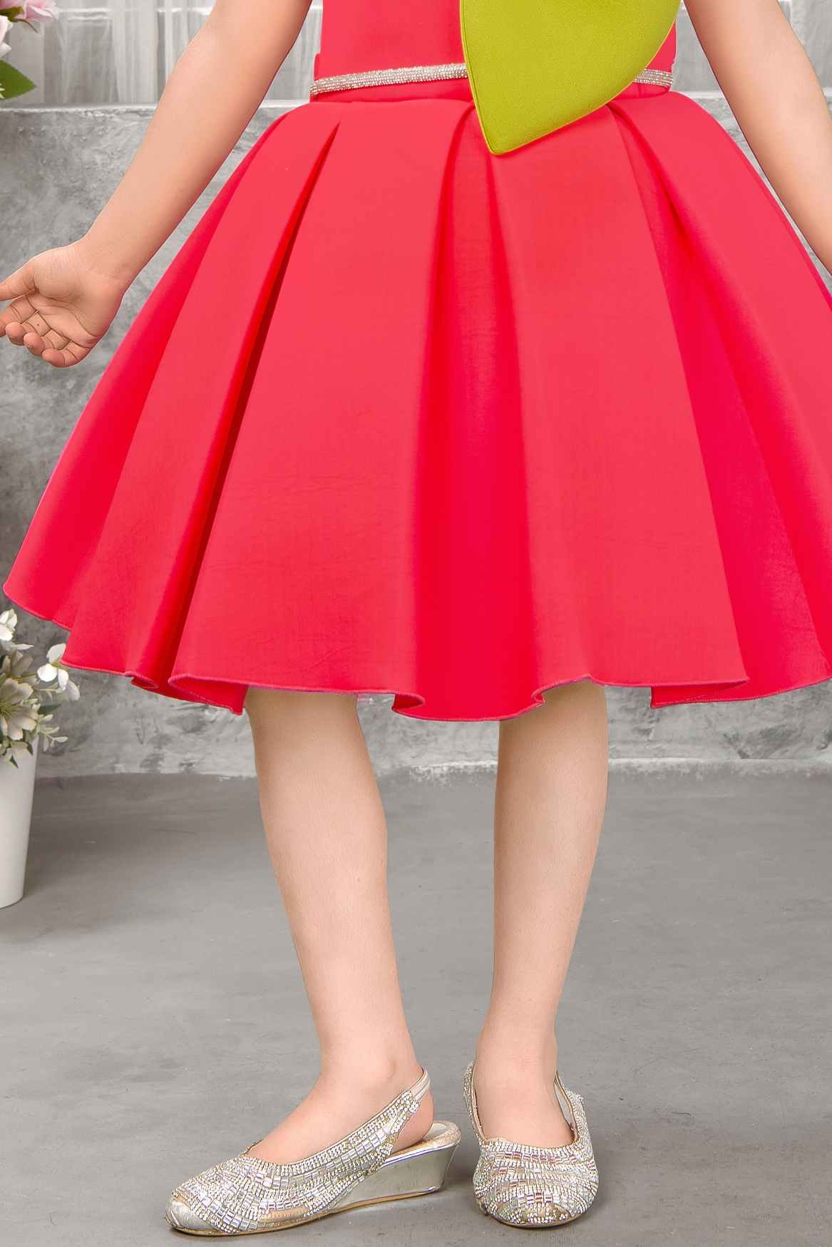 Carrot Red Floral Embellished Party Wear Frock For Girls