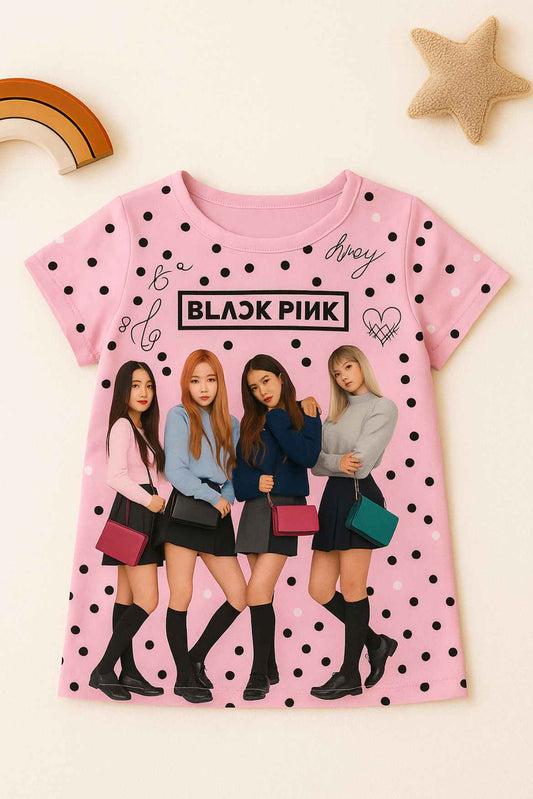 Pink Black Pink Printed T-Shirt For Girls