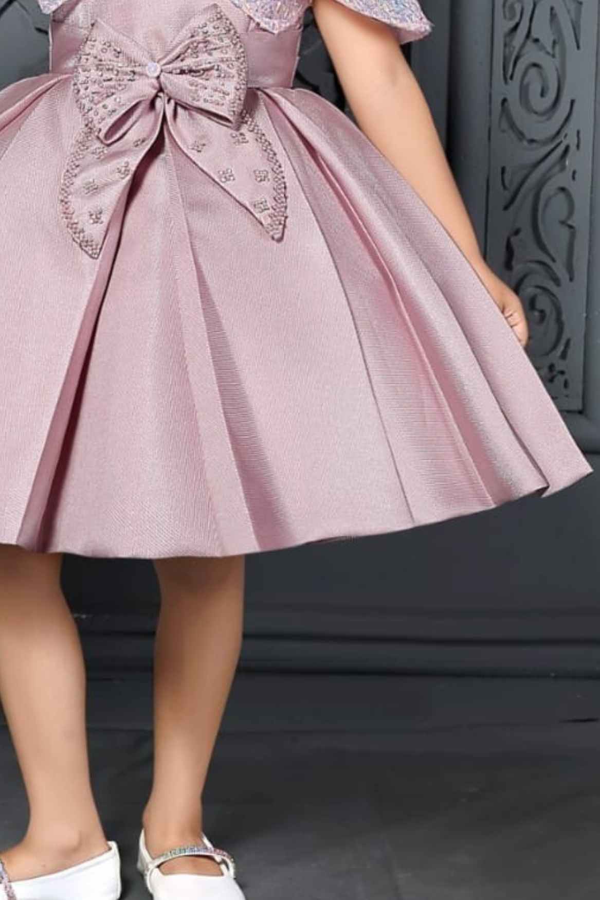 Onion Pink Bow Embellished Party Wear Frock With Sequins Work Overcoat For Girls