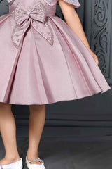 Onion Pink Bow Embellished Party Wear Frock With Sequins Work Overcoat For Girls