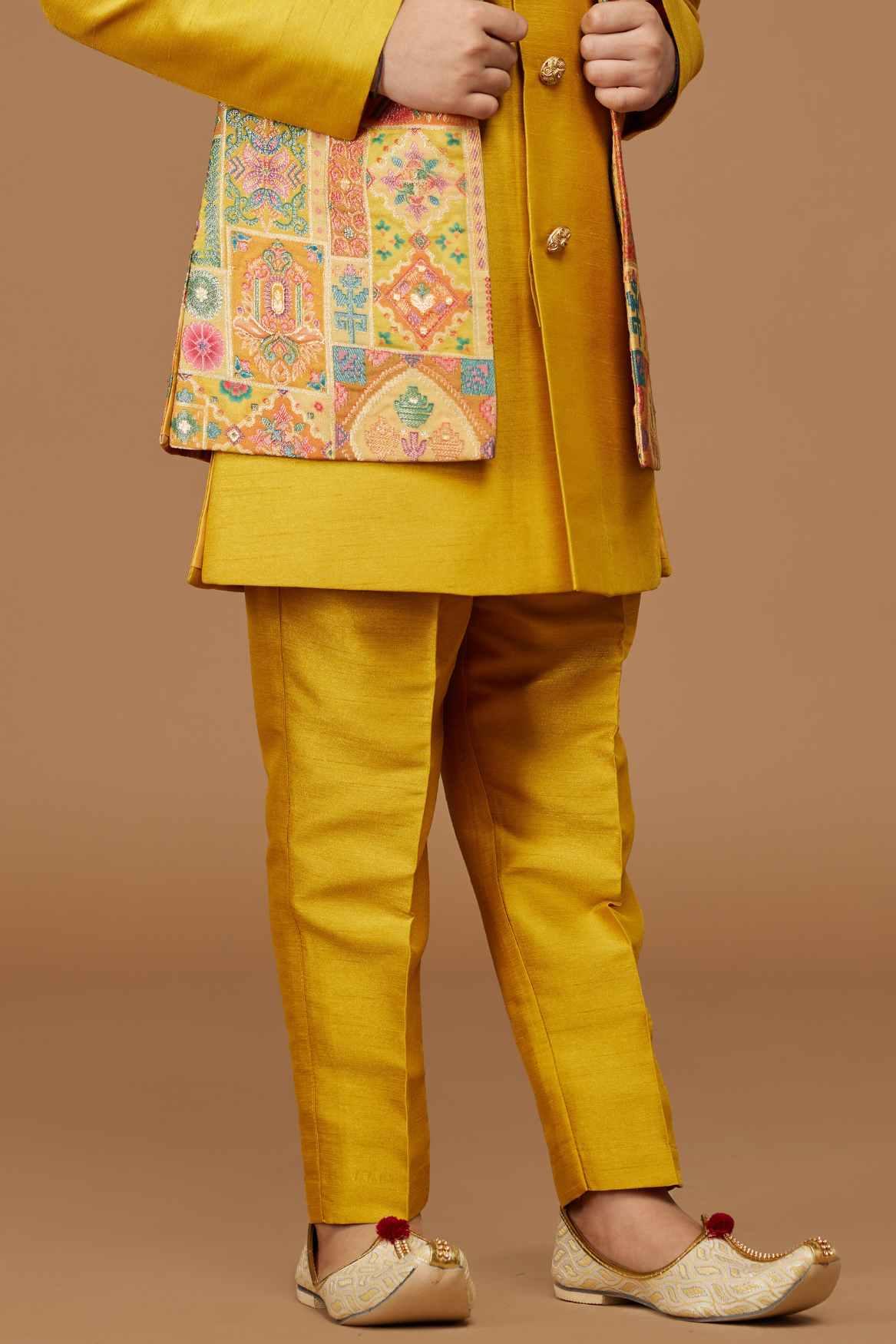 Mustard Kurta Set With Printed Overcoat For Boys - Lagorii Kids