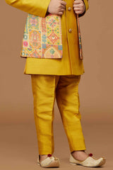 Mustard Kurta Set With Printed Overcoat For Boys