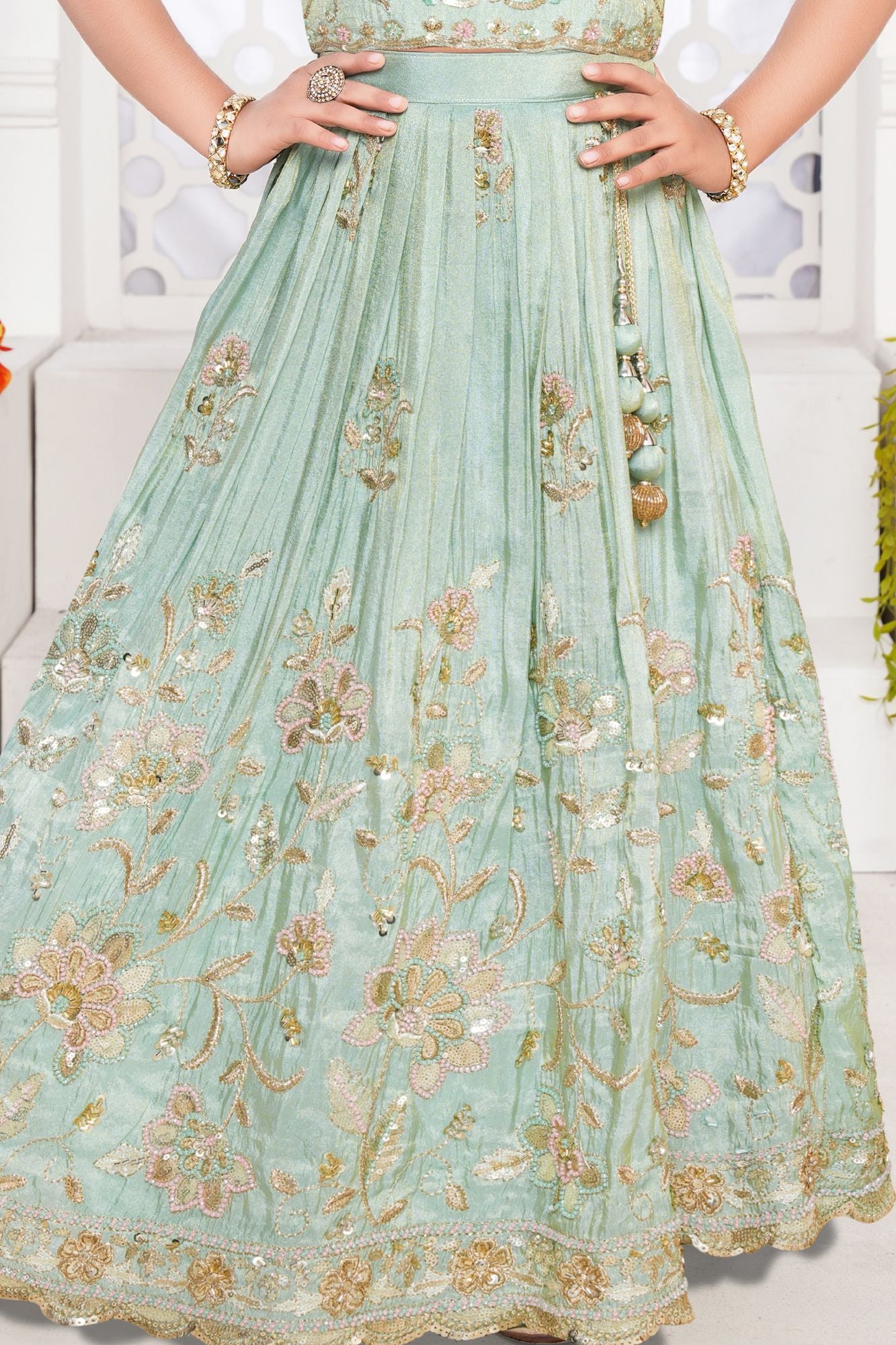 Mint Green Embroidered Lehenga Choli Set With Floral Detailing For Girls
