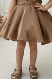 Brown Embroidered Puff Sleeve Party Frock For Girls