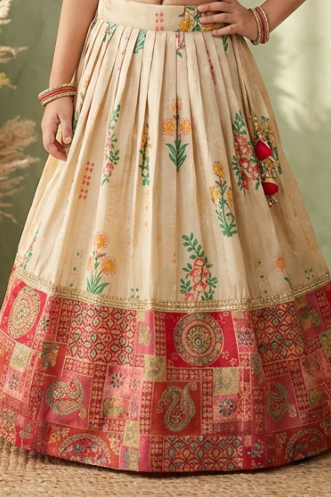 Girls Cream and Red Printed Lehenga Choli Set with Dupatta