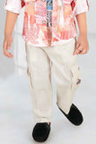 Orange Printed Shirt And Beige Blue Pant With White T-Shirt Set For Boys
