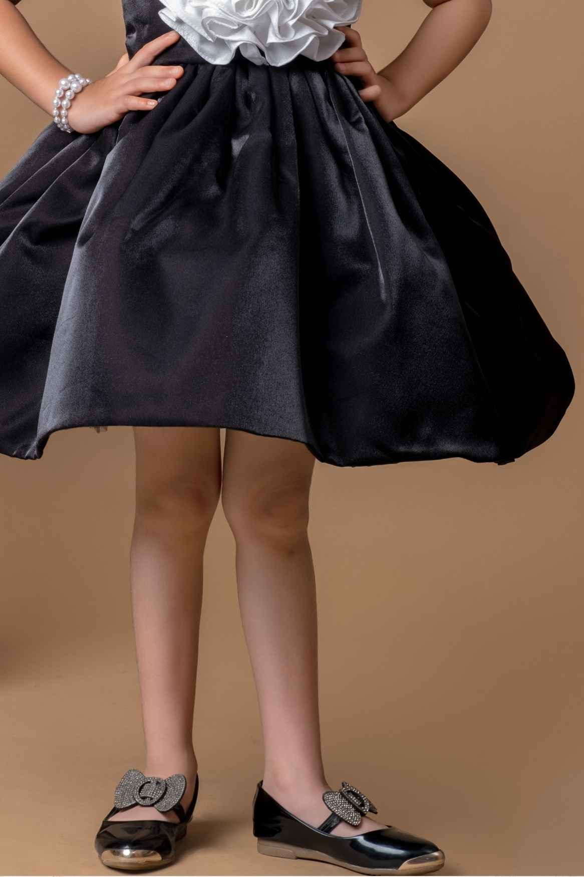Black Pearl Work And Floral Embellished Party Wear Frock For Girls