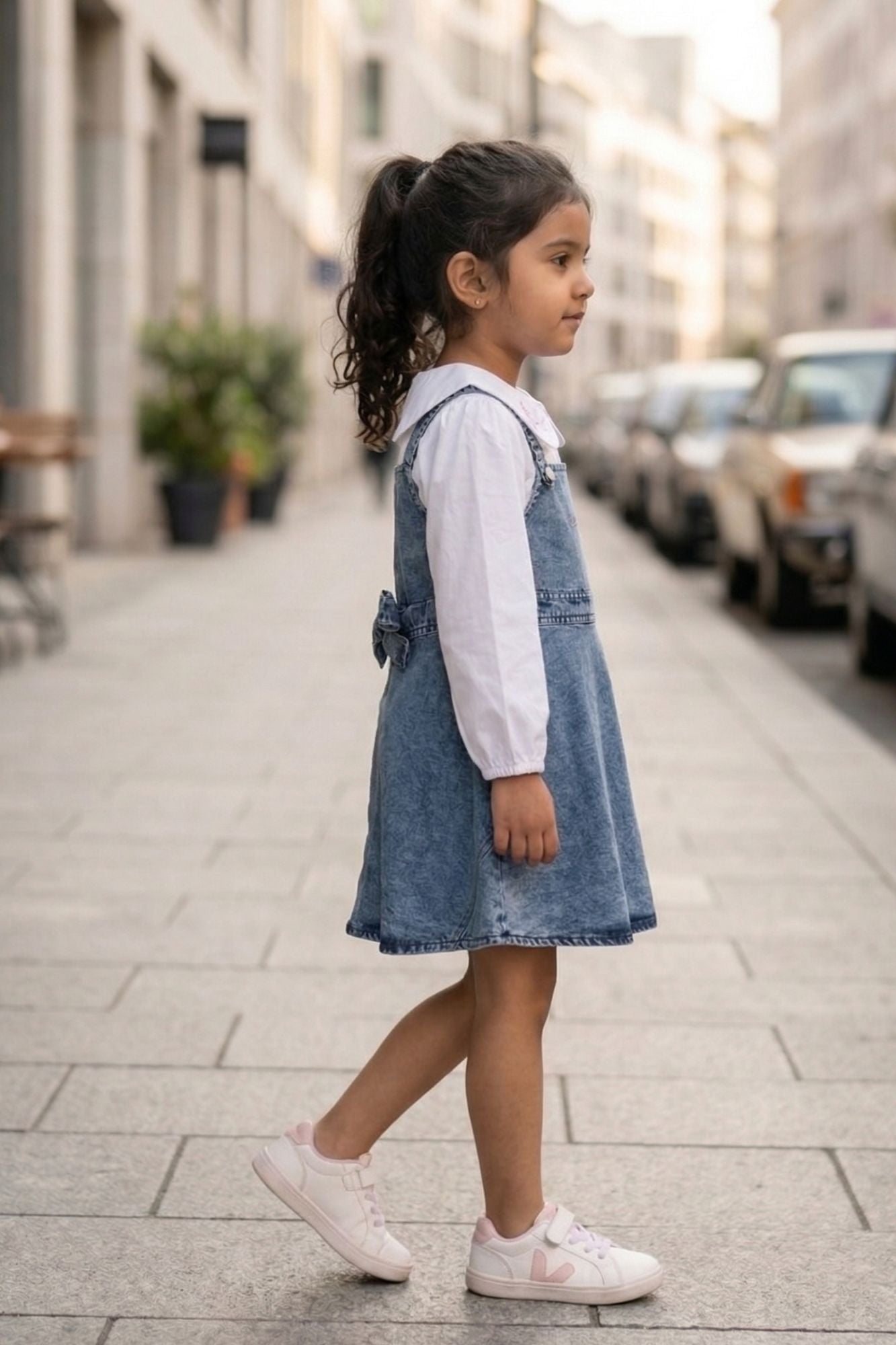 Girls Blue Denim Dungaree Set With Embroidered Detail And White Top