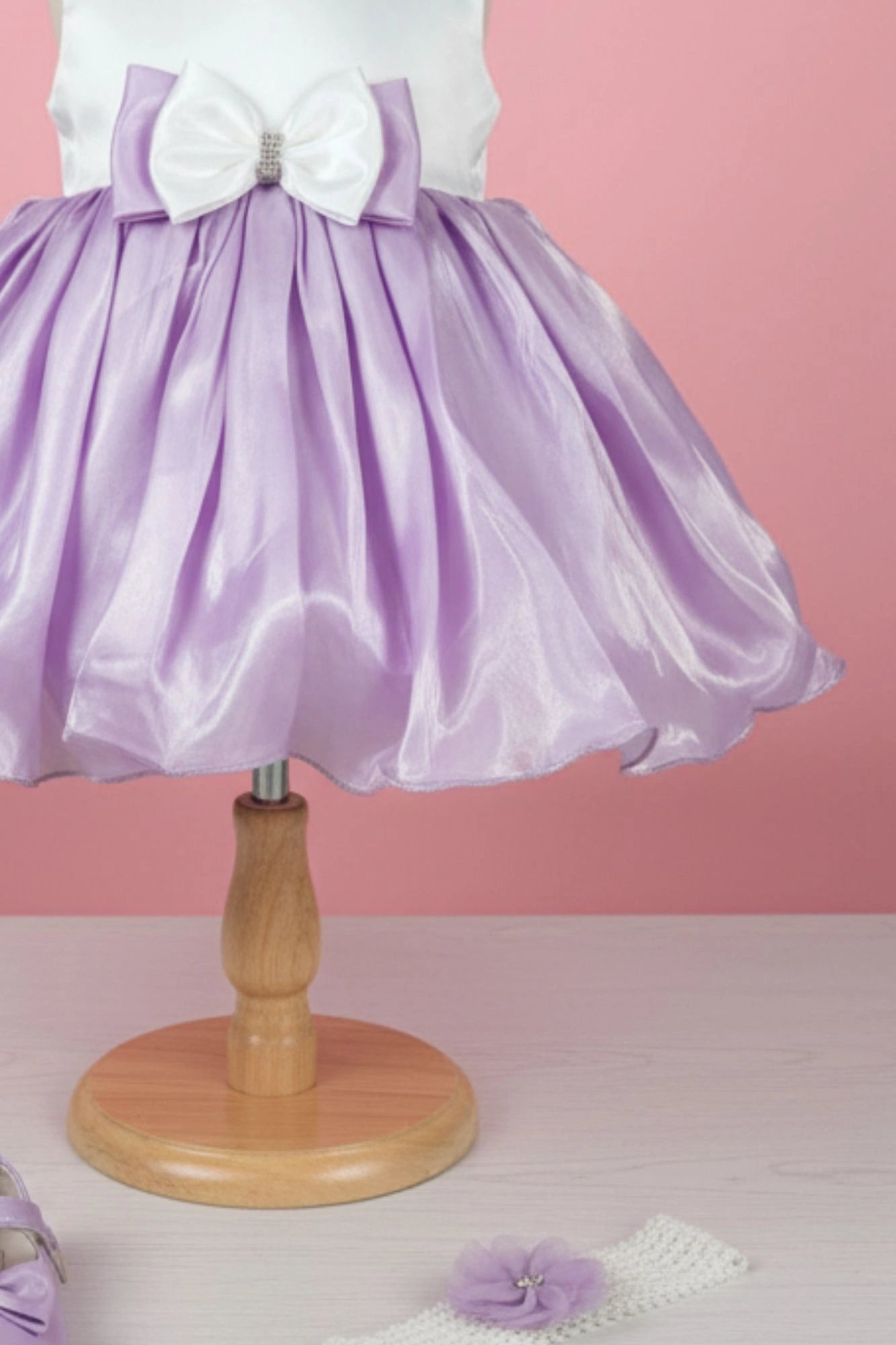 White & Lavender Satin Party Frock with Pearl Neckline and Bow Accent For Girls