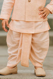 Peach Dhoti Kurta Set With Embroidered Nehru Jacket For Boys