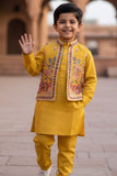 Yellow Embroidered Kurta Set with Nehru Jacket For Boys