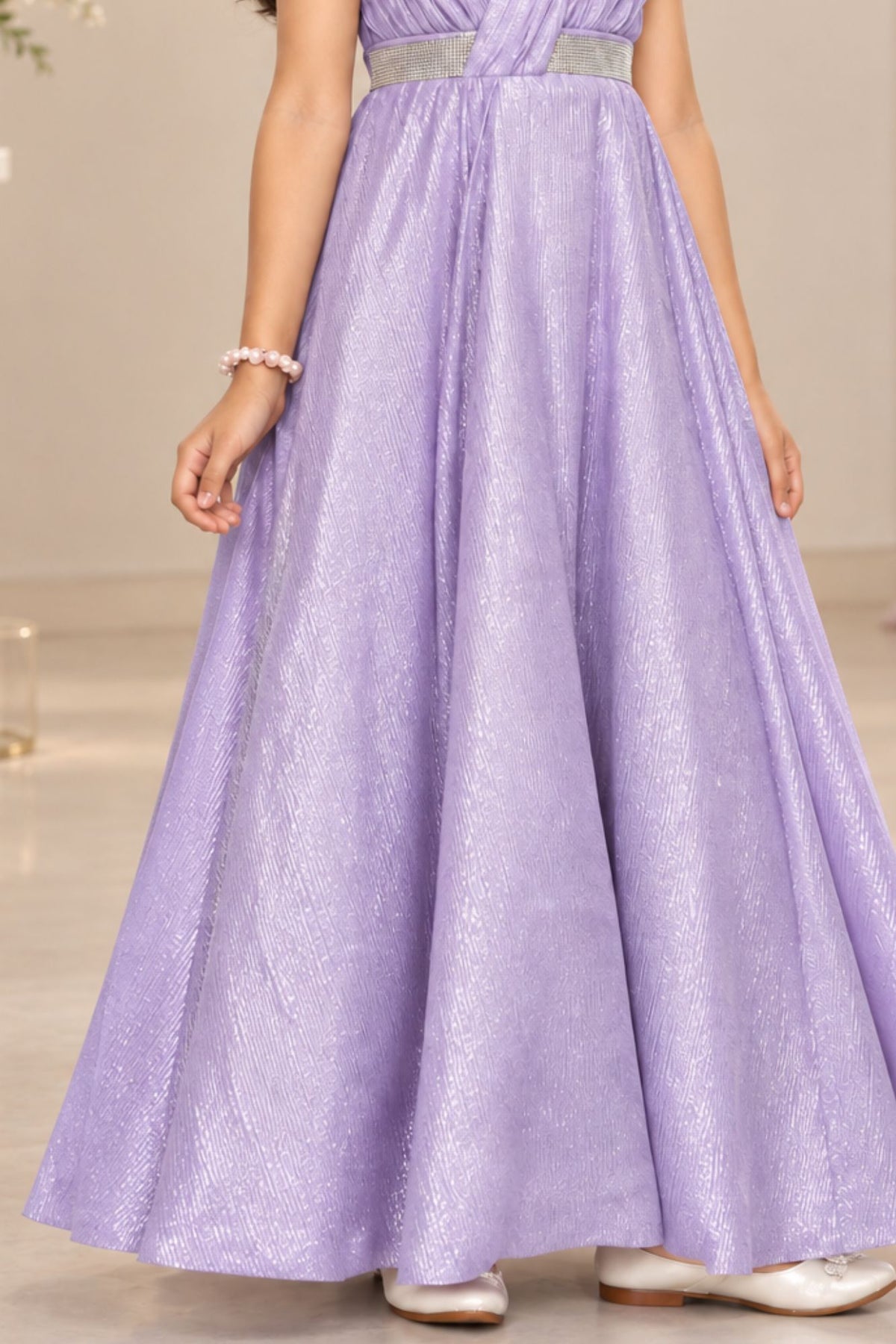 Elegant Sleeveless Lavender Shimmer Party Wear Gown For Girls