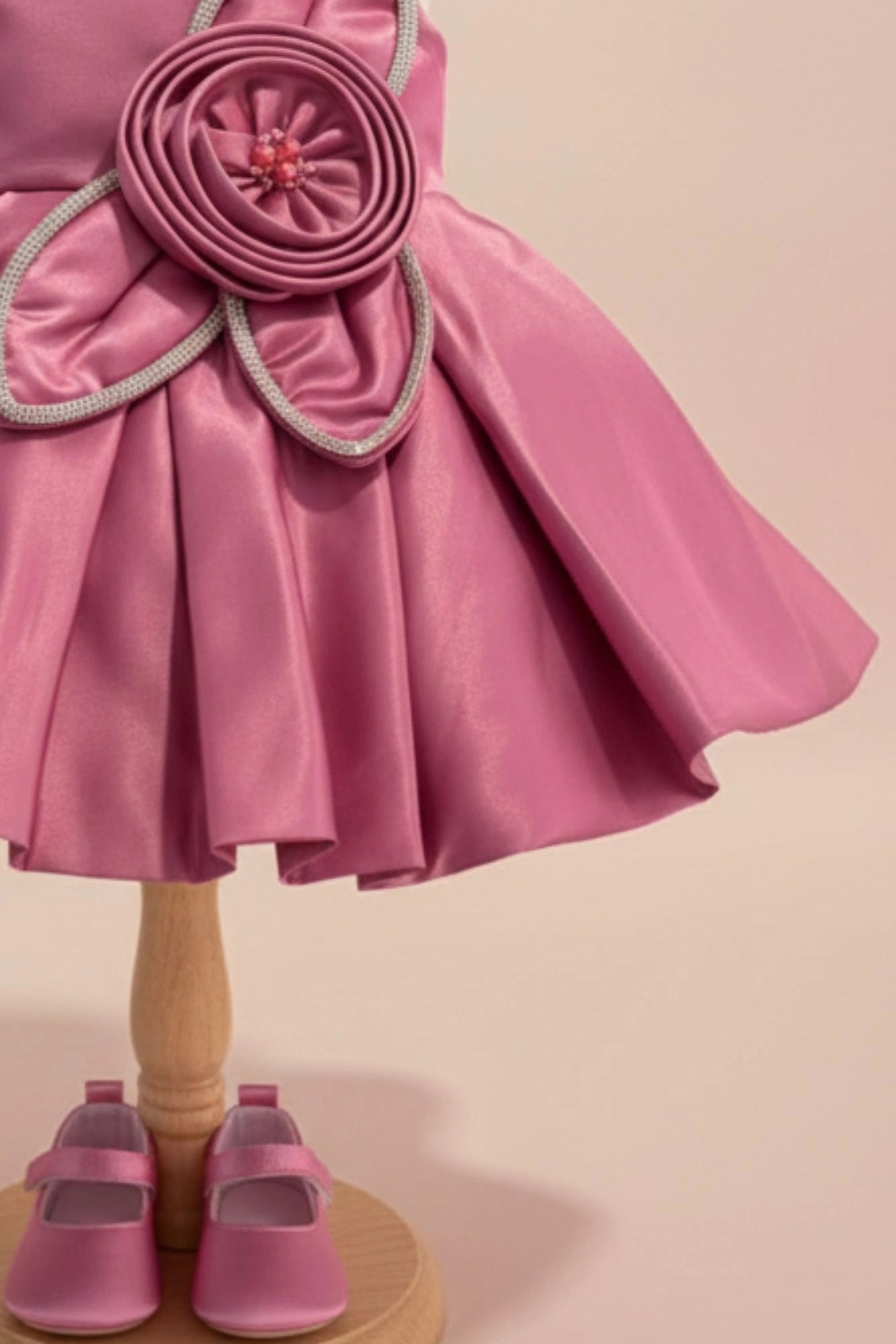 Pink Party Frock with Floral Rosette and Embellished Strap Detailing For Girls