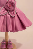 Pink Party Frock with Floral Rosette and Embellished Strap Detailing For Girls