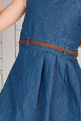 Fancy Denim Dress With Waist Belt For Girls