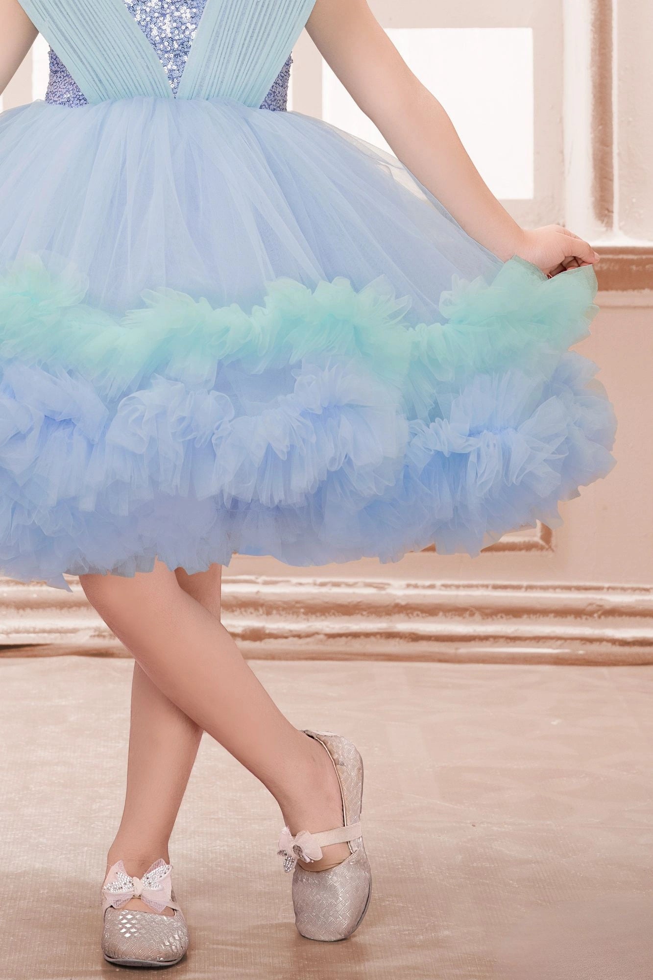 Blue Ruffle Party Frock with Sequins Embellishment For Girls