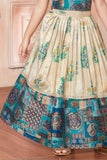 Cream And Teal Floral Print And Traditional Patchwork Lehenga Choli For Girls