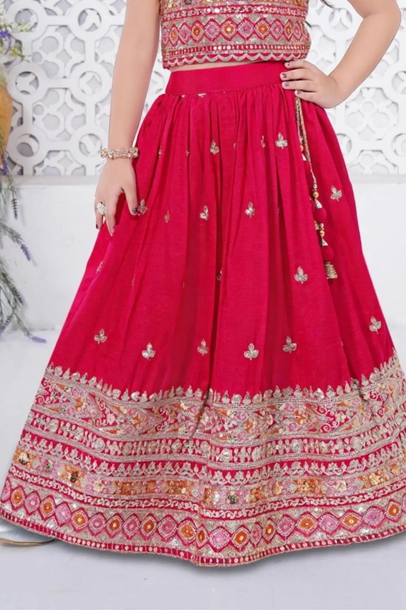Red Sequins Embroidered Lehenga Choli Set for Girls