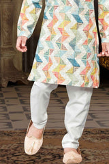 Lemon ZigZag Printed Kurta And White Bottom Set For Boys