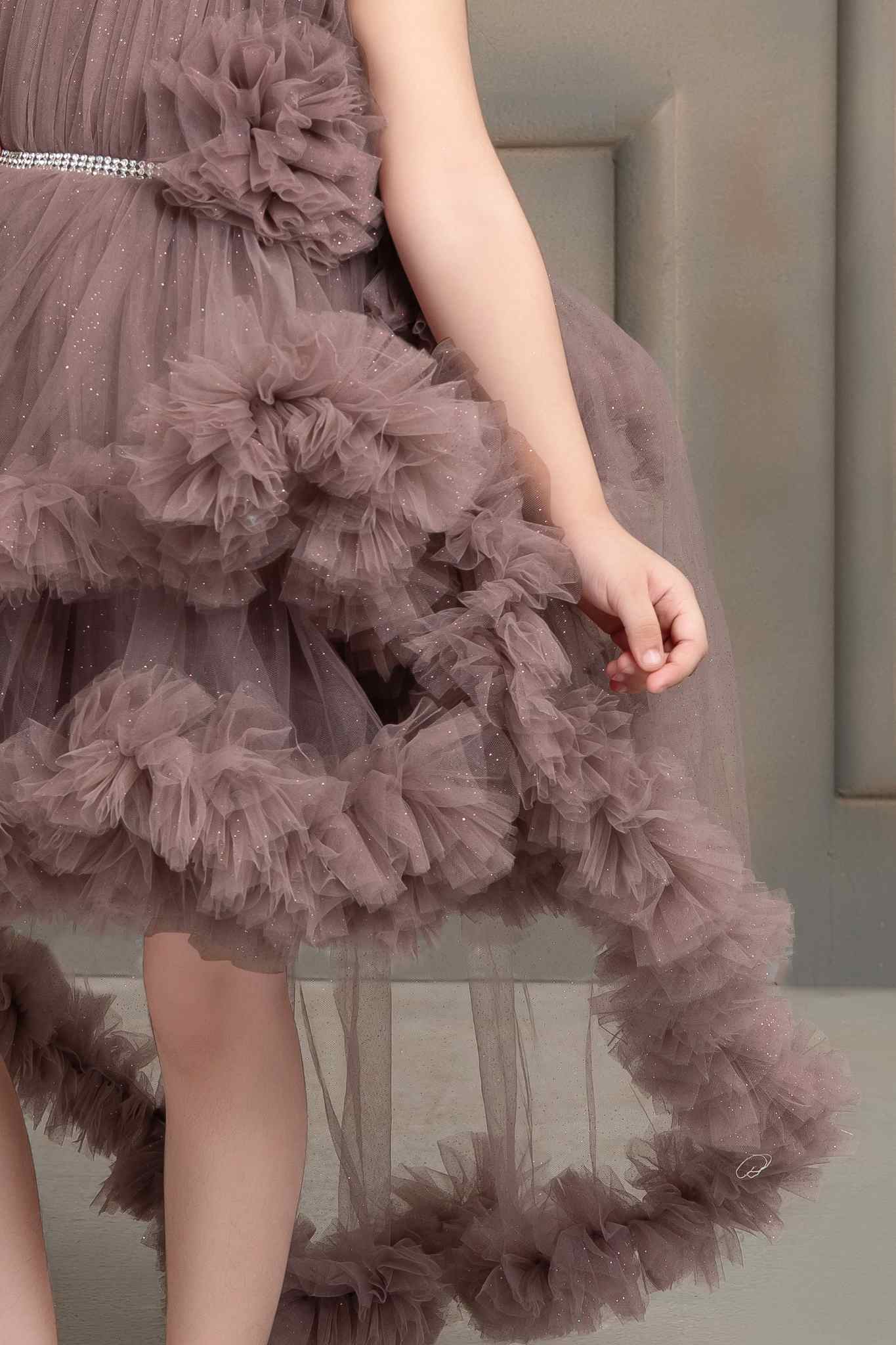 Chocolate Net Multilayer Ruffle Tailback Frock For Girls