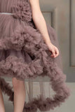 Chocolate Net Multilayer Ruffle Tailback Frock For Girls