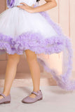 White And Lavender Layered Party Frock With 3D Floral Embellished For Girls