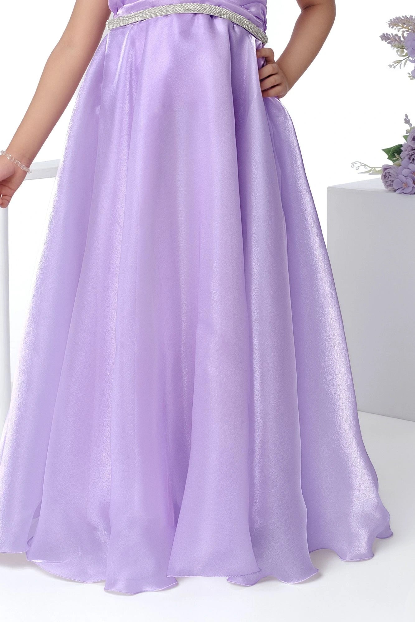 Designer Lavender Floral Appliqué Party Wear Gown For Girls