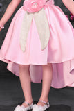 Blush Pink High-Low Party Frock Wiith 3D Floral Waist Detail For Girls