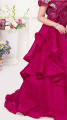 Designer Sequin Rani Pink Multilayer Party Gown For Girls