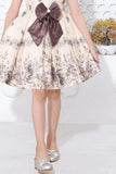 Elegant Cream Floral Printed Frock with Chocolate Brown Bow For Girl