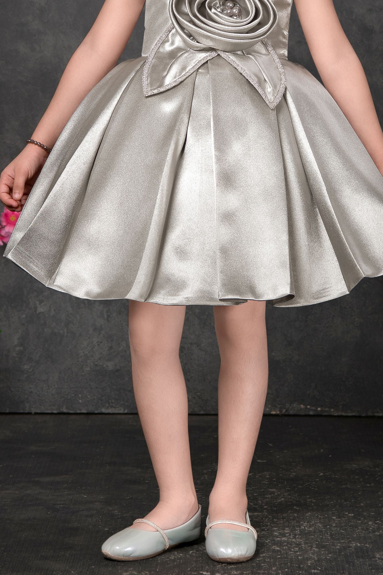Silver Frock With 3D Rose Detail For Girls