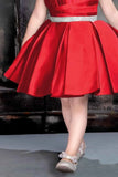 Red High Low Satin Partywear Frock With Stone Work For Girls